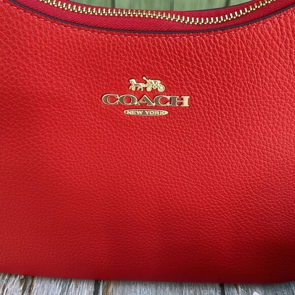 Coach Teri Hobo Shoulder Bag Pebble Leather Purse Red - Picture 3 of 10